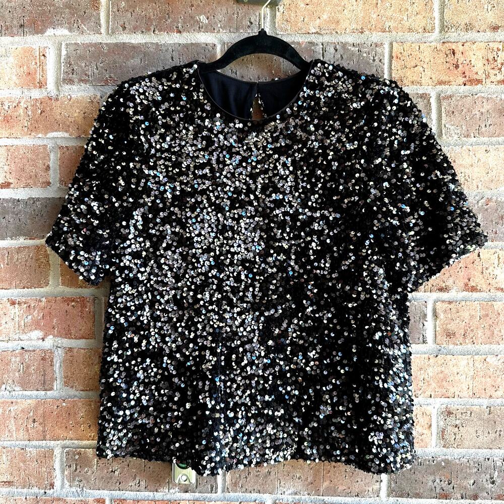 Alex Marie Black Sequence Short Sleeve Blouse